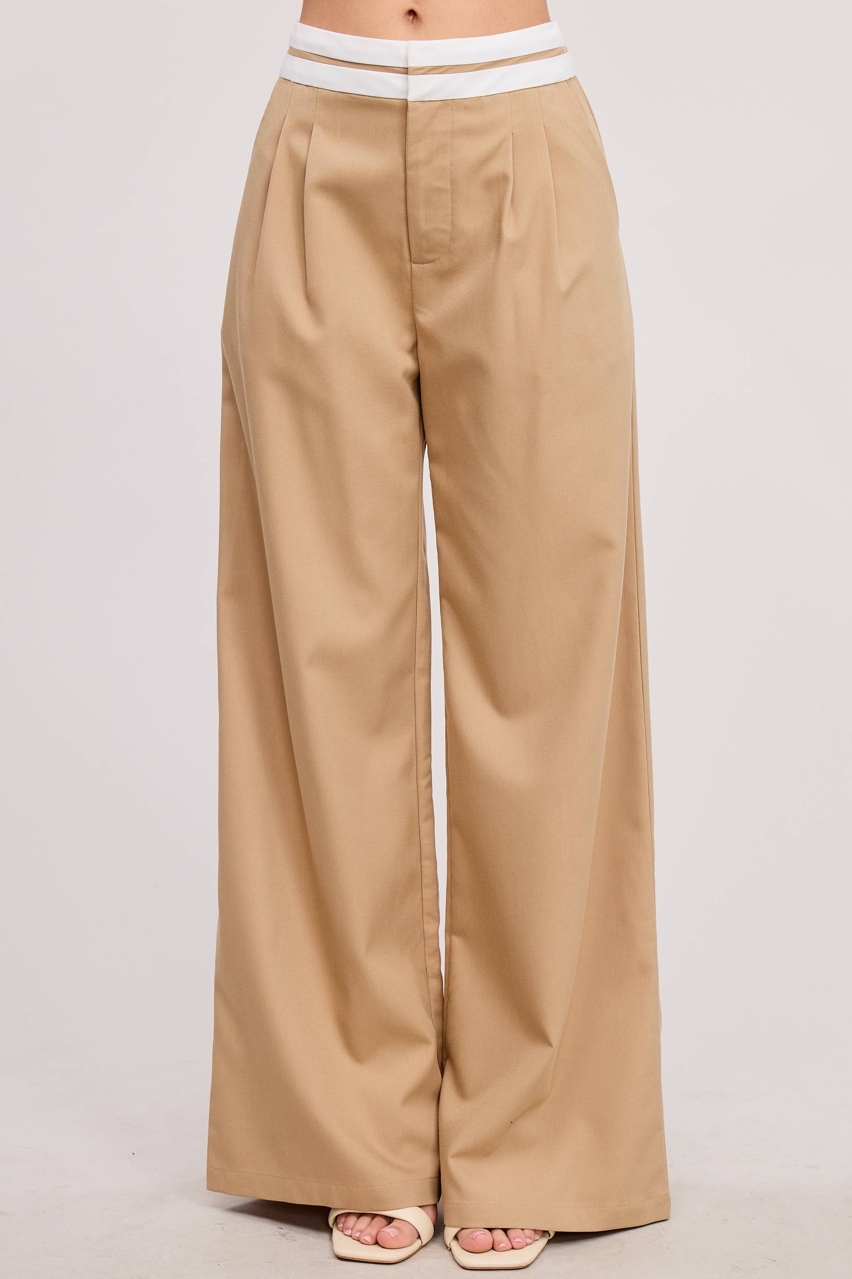Minimalistic Contrast Waistband Pleated Trouser Pants