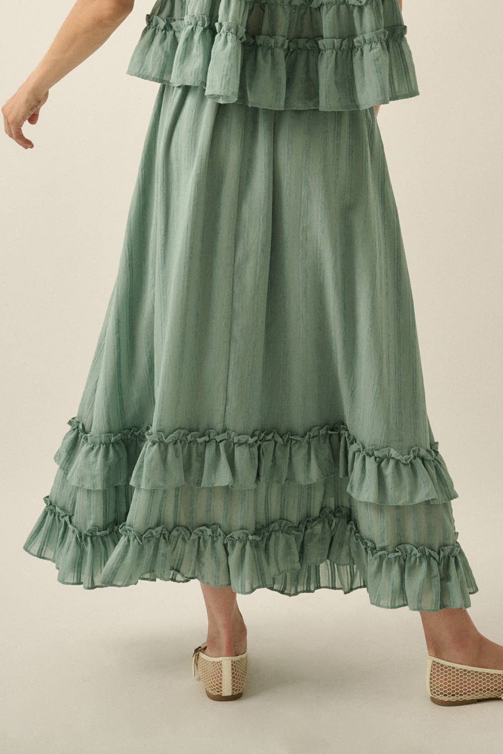 Textured Tonal-Stripe Tiered Ruffle Maxi Skirt