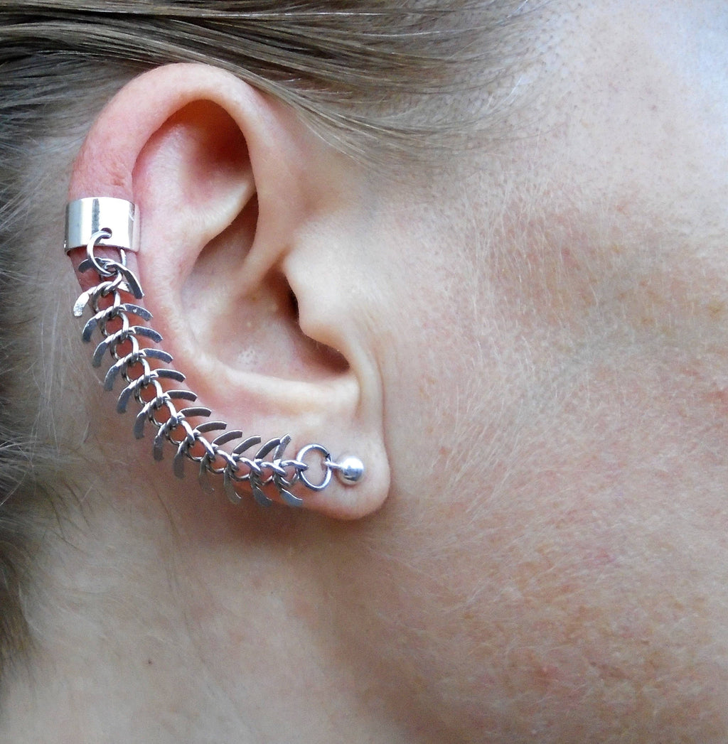 Silver Fishbone Chain Ear Cuff: Sterling Ball Post Earring