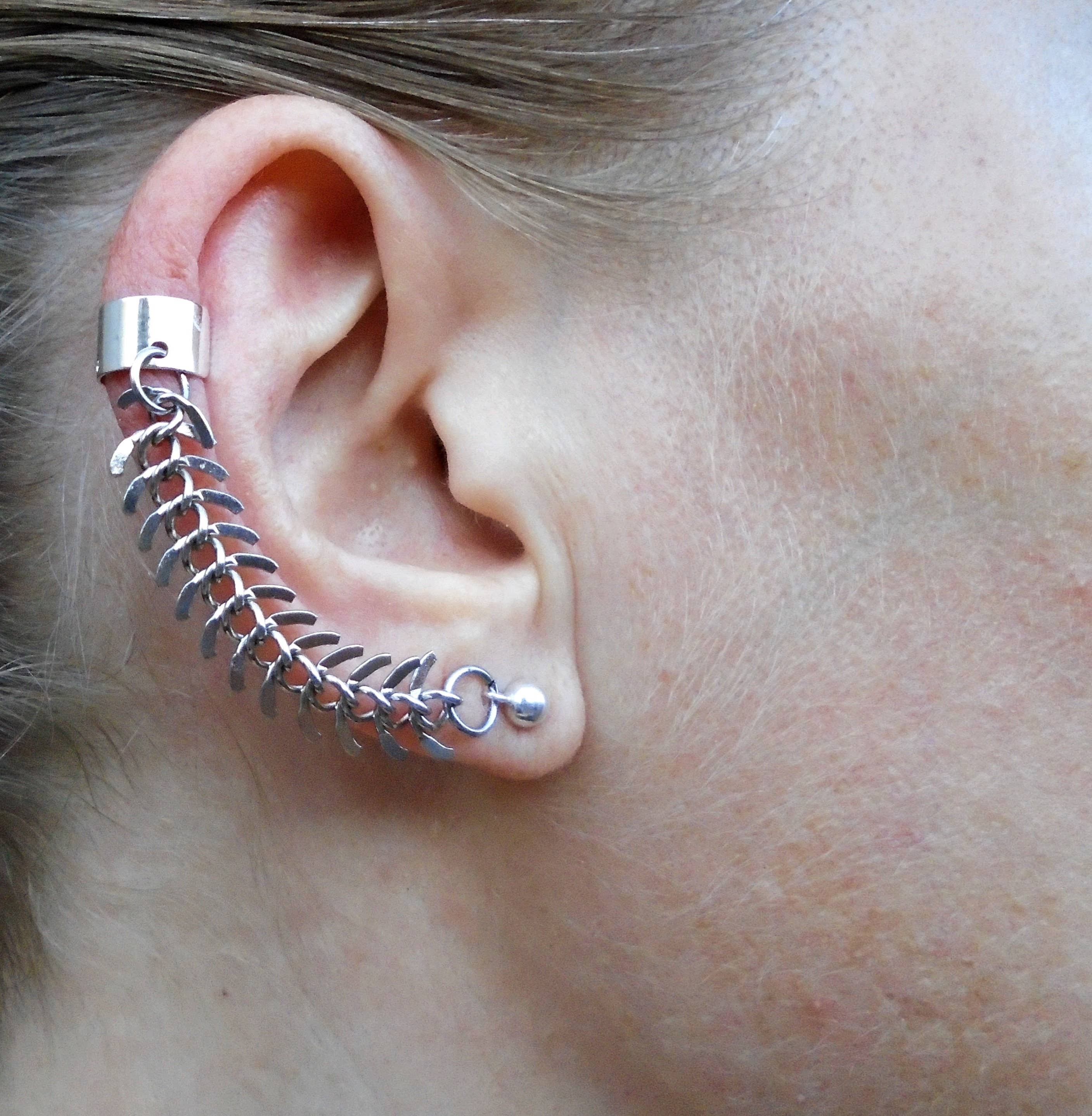 Silver Fishbone Chain Ear Cuff: Sterling Ball Post Earring