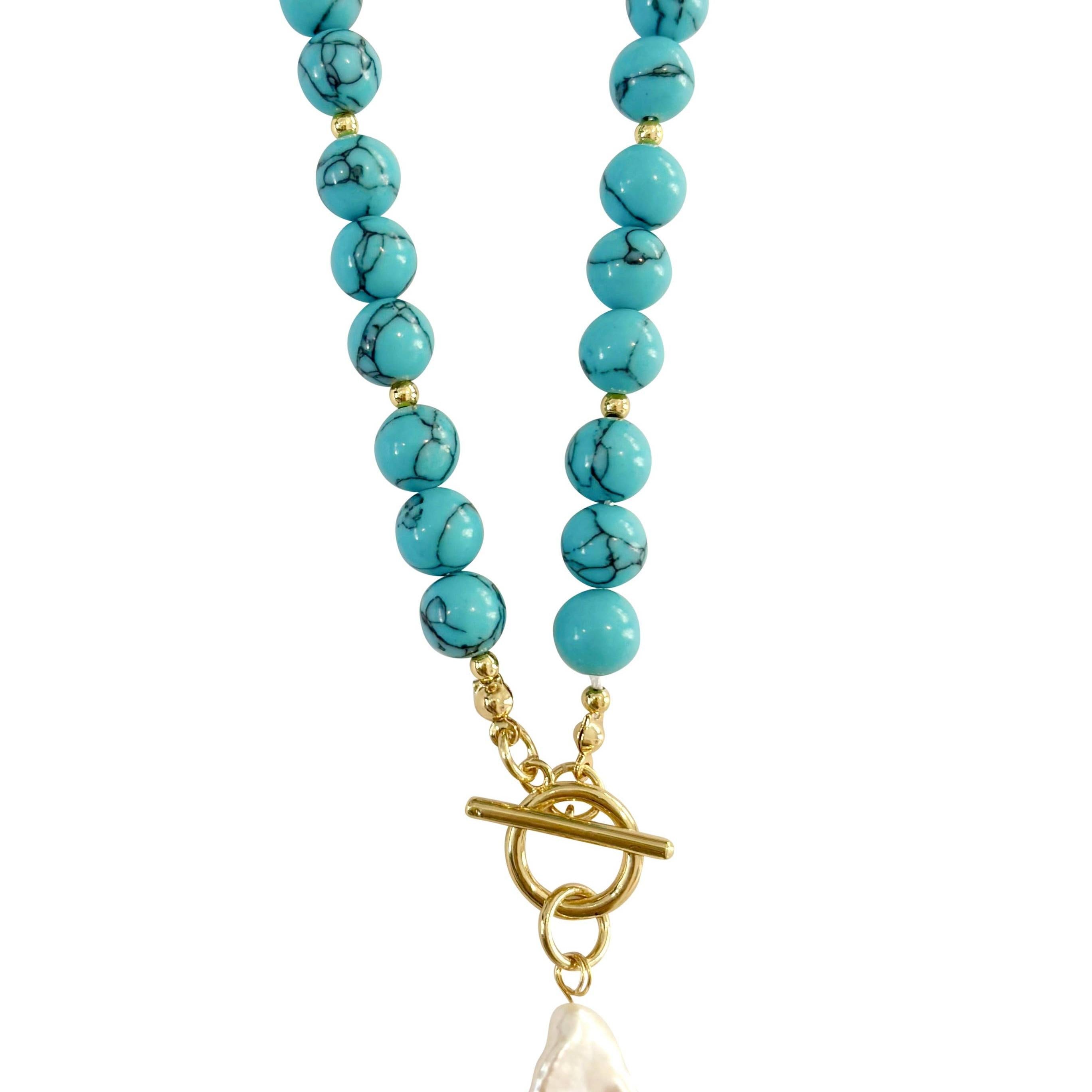 Sandy Beaded Necklace with Pearl Accent- Turquoise