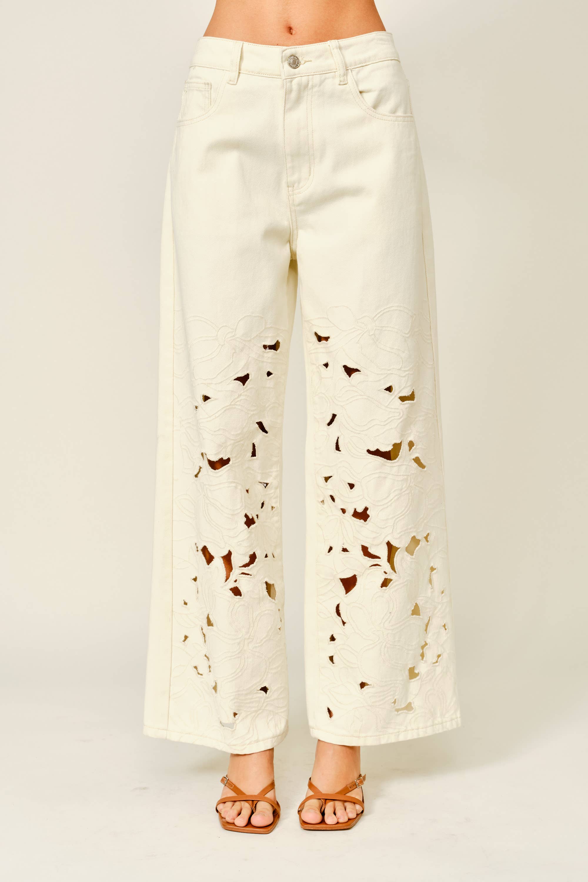 CUT OUT EMBROIDERED STRAIGHT PANTS