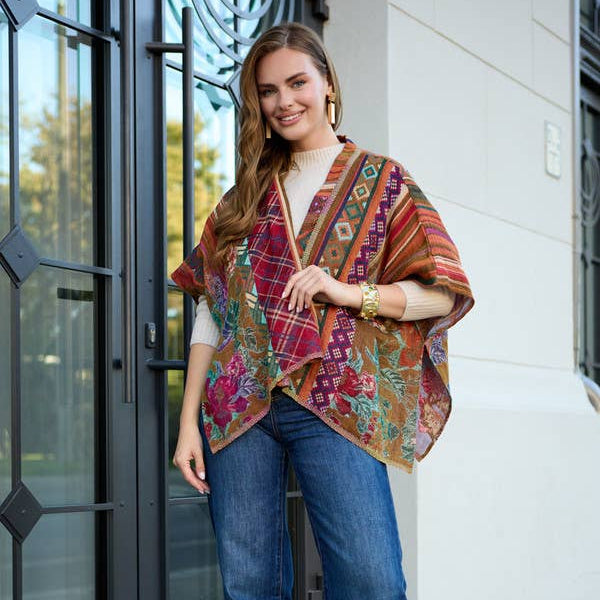 Thalia Floral Geometric Short Open Poncho