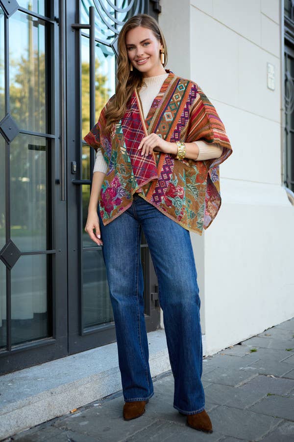 Floral Geometric Short Open Poncho: Yellow