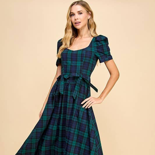 Sweet Heart Plaid Midi Dress with Bows