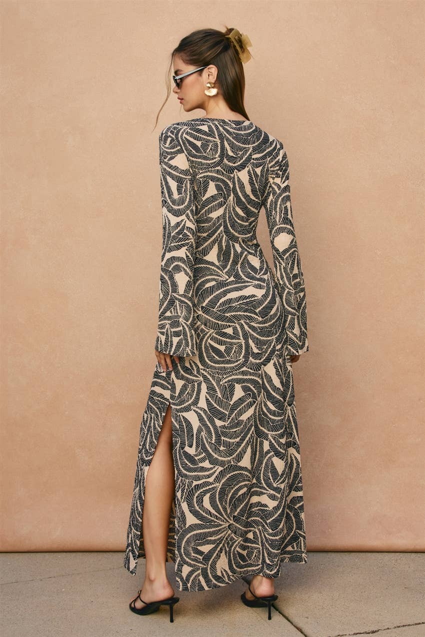 Tropical Leaf Gold Trim Bell Sleeve Maxi Dress