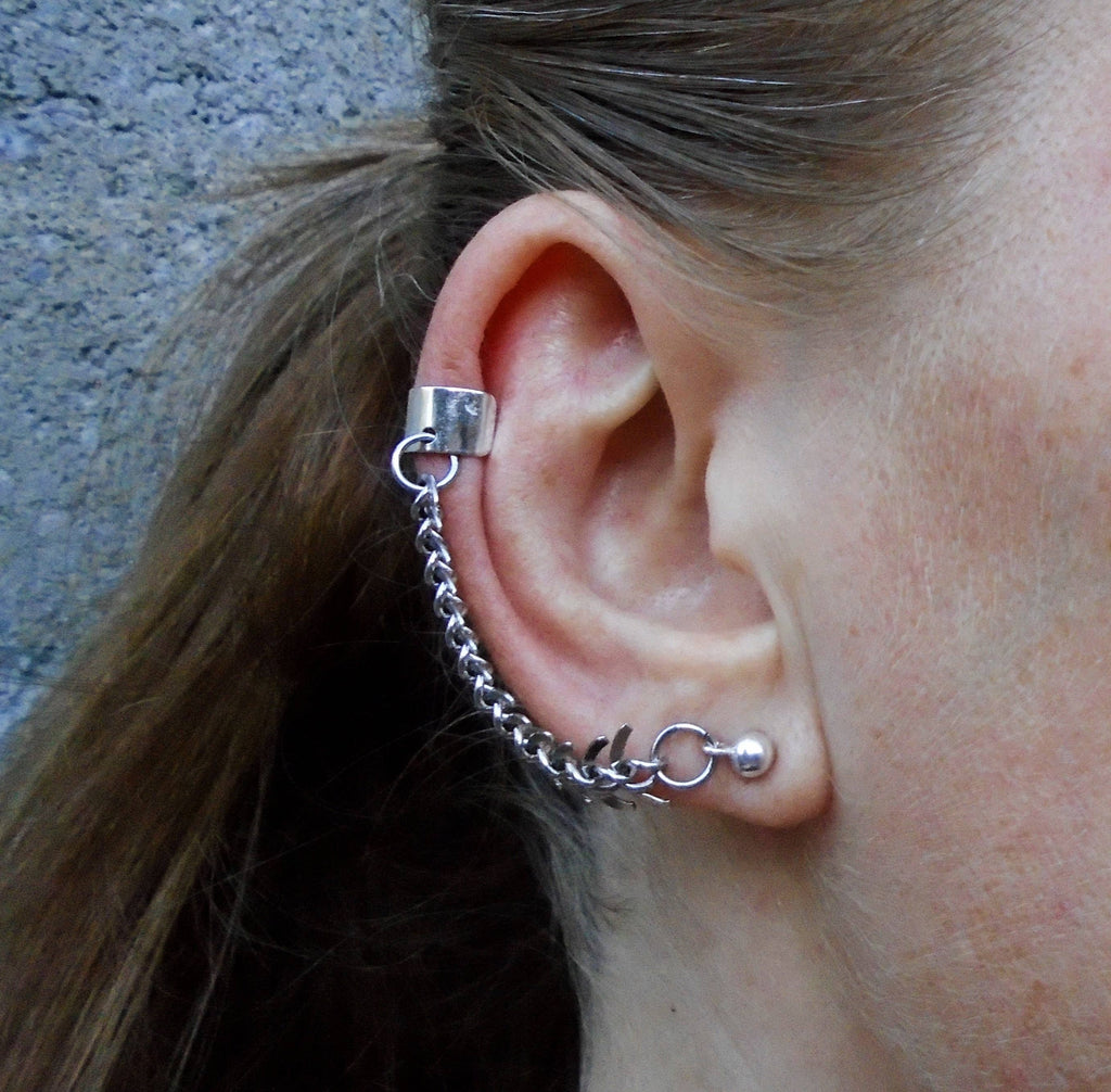 Silver Fishbone Chain Ear Cuff: Sterling Ball Post Earring