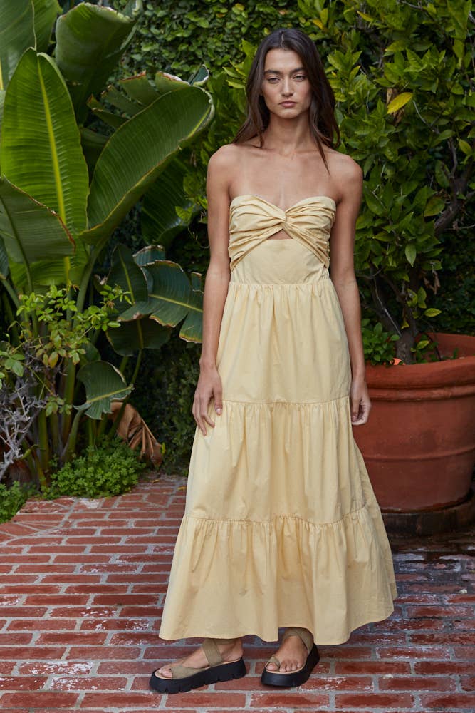 Tiered Strapless Twist Front Midi Dress
