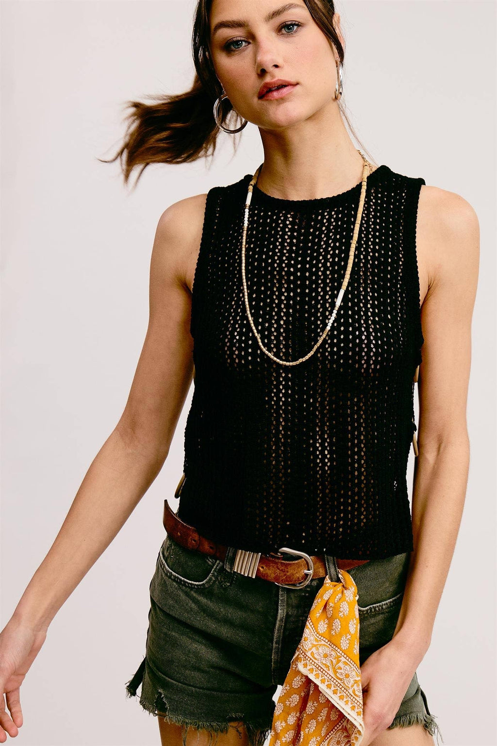 Crochet Knit Tank Top with Side O-Ring Detail