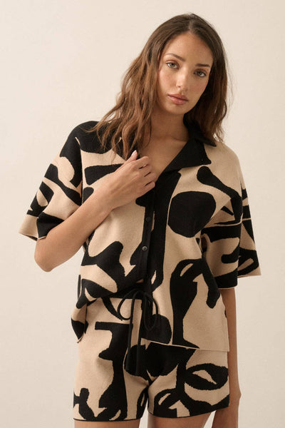 Abstract Floral Knit Button-Front Sweater Shirt