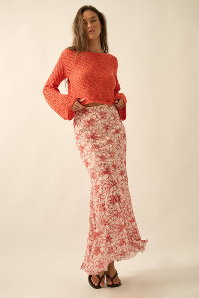 Floral-Print Mesh Godet Pleated Mermaid Maxi Skirt