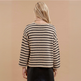 Back view of a striped knit pullover sweater highlighting the relaxed fit and timeless stripe pattern.