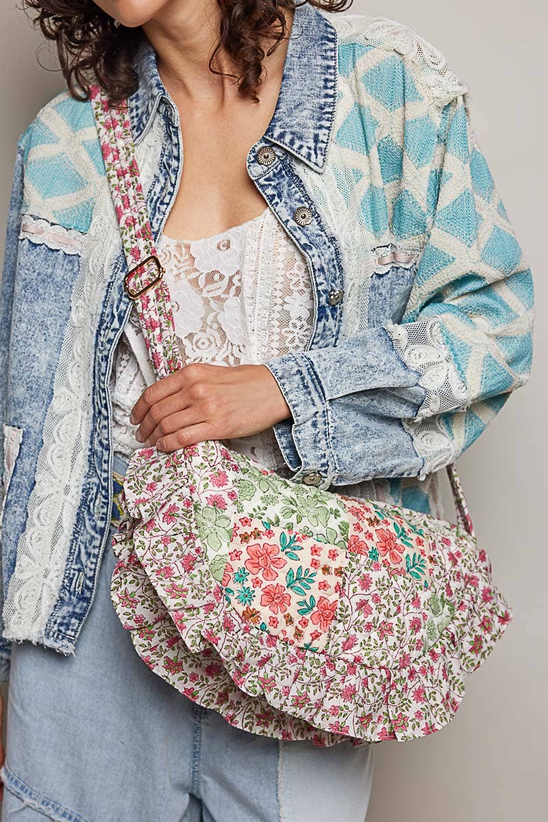 Half Moon Quilted Floral Ruffle Crossbody Bag