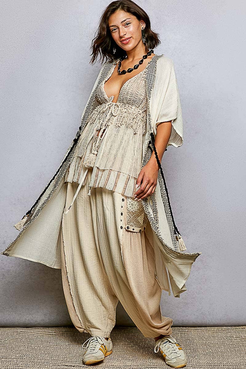 Short Sleeve Trim String Cotton Women Cardigan Top