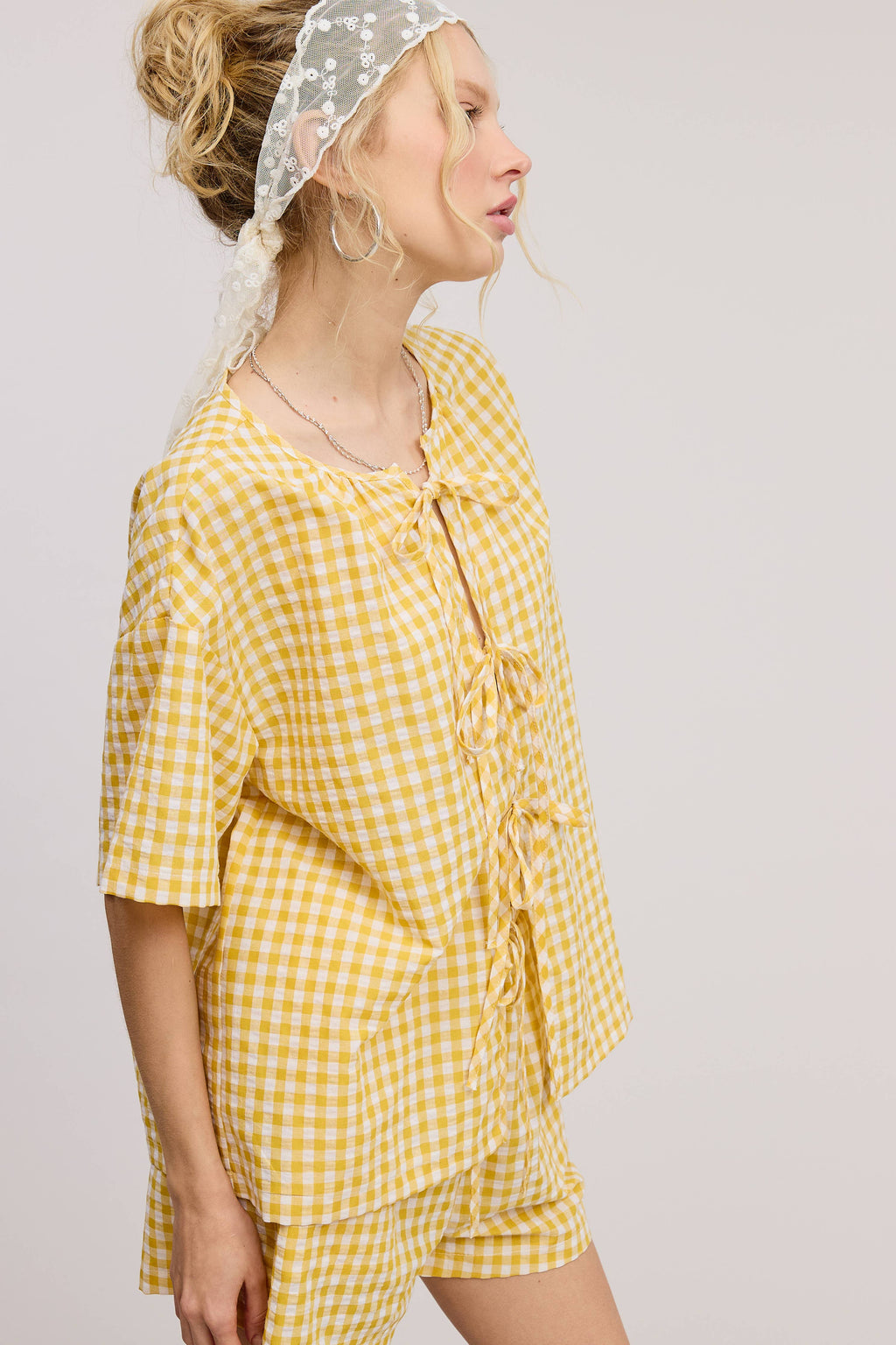 Gingham Ribbon Tie Top & Shorts Set