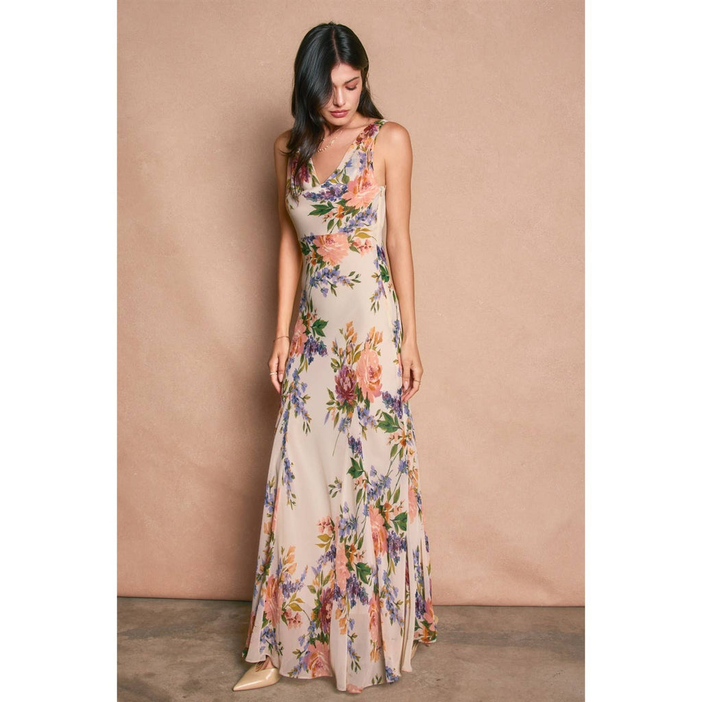 Delicate Affair Cowl Neck Godet Maxi Dress