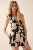 Abstract-Print One-Shoulder Wrap Bandeau Top