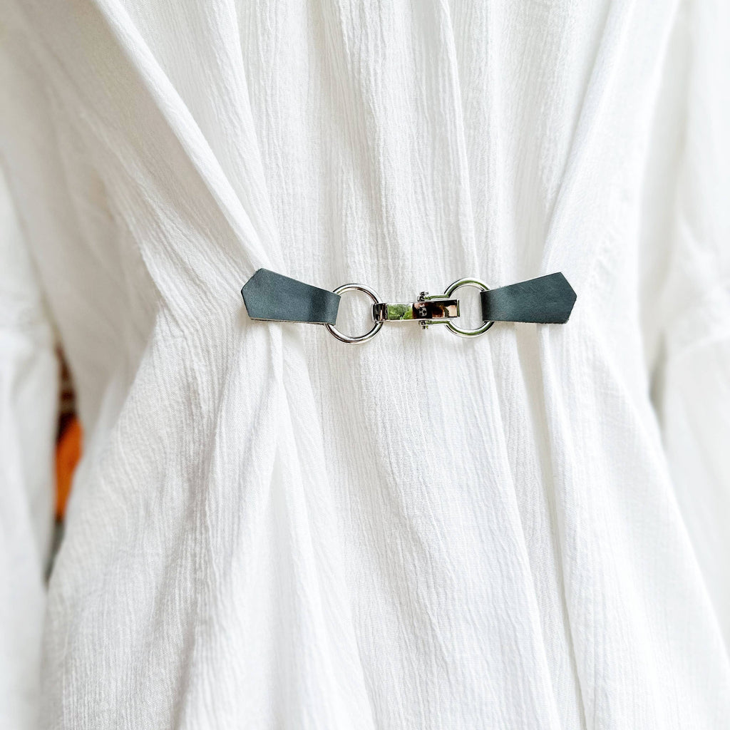 Silver Buckle & Gray Leather Cinch Clip for Clothes