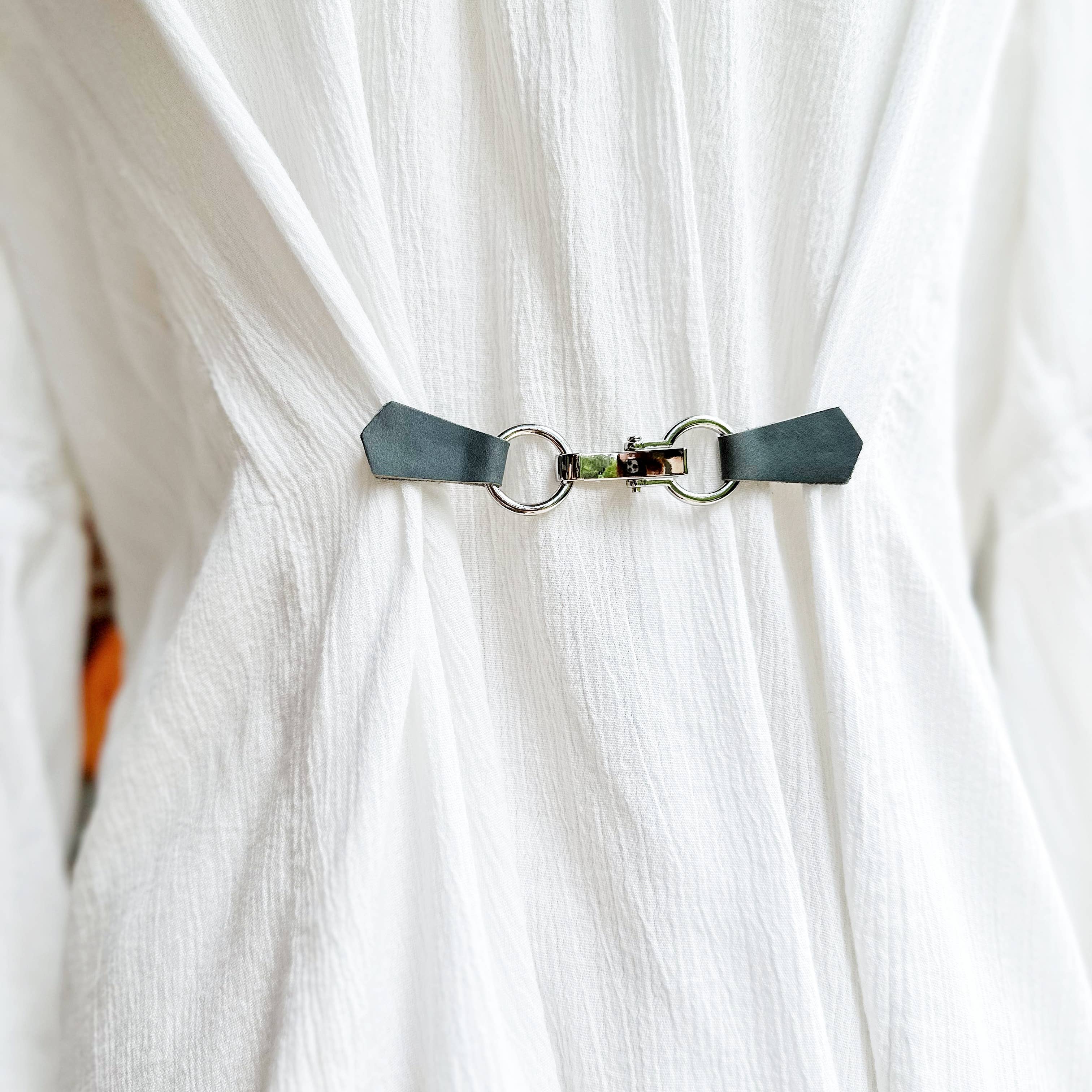 Silver Buckle & Gray Leather Cinch Clip for Clothes