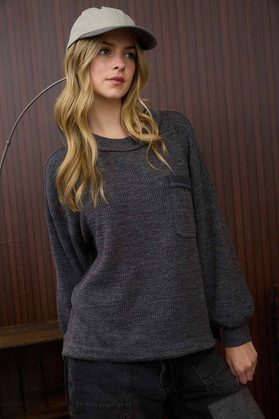 CREW NECK BUTTON DETAIL LONG SLEEVE KNIT TOP