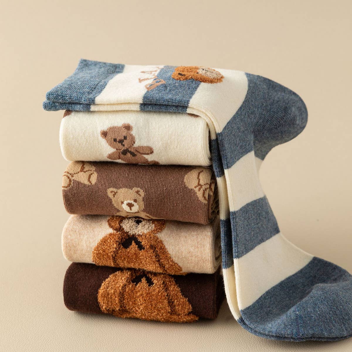 Cute Simple Brown Bear Pattern Crew Socks_CWMS0950: White / (OS) 3