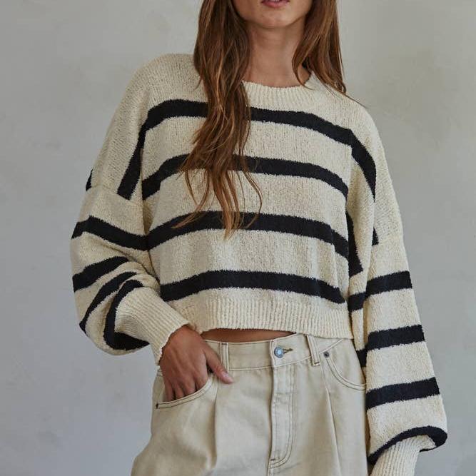 Knit Sweater Striped Crewneck Long Sleeve Top