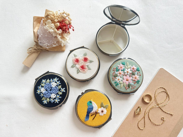 Floral Embroidered Round Jewelry Box With Mirror