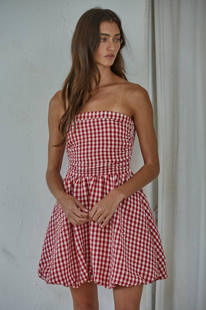 Gingham Smocking Tube Mini Dress