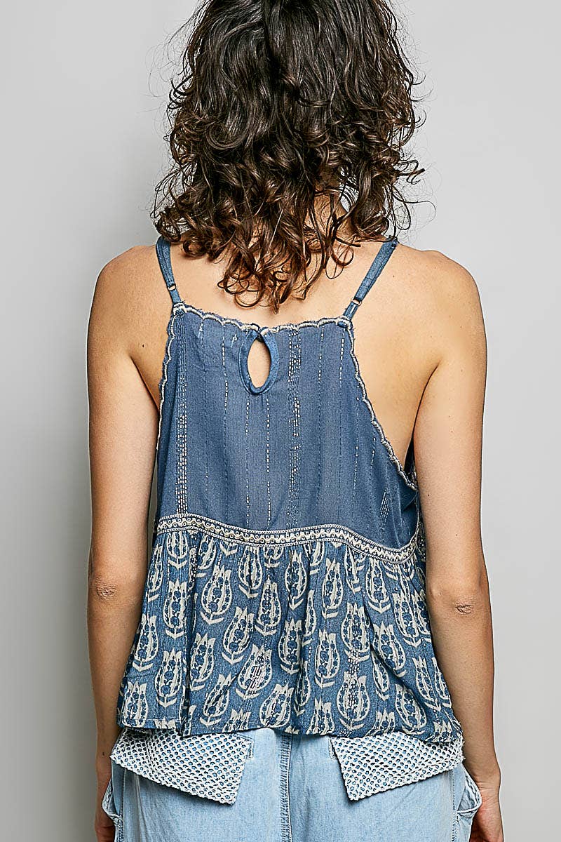 Spaghetti Strap Camisole Printed Embroidered Woven Top
