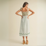 Back view of dress showing smocked floral bodice and flowy striped midi skirt with scalloped trim

