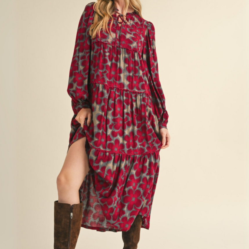 Side view of floral tiered midi dress, highlighting A-line skirt and tiered lace trim.