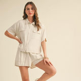 Full front view of button-up shirt and drawstring shorts set

