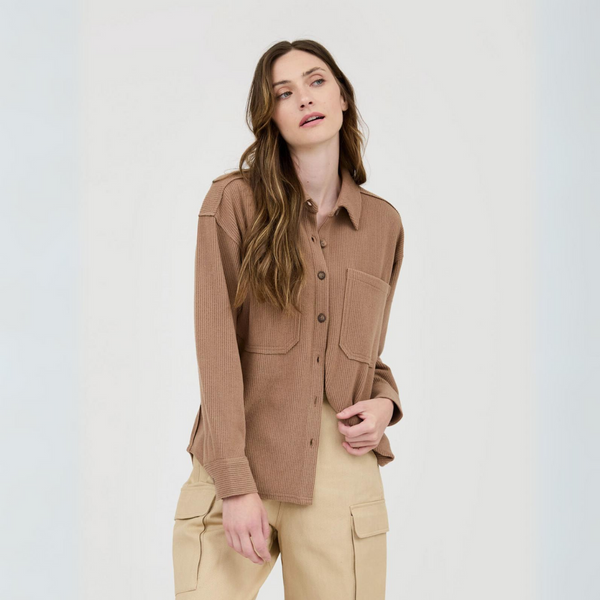 Rib Knit Exposed Seam Button Up Shacket Mocha