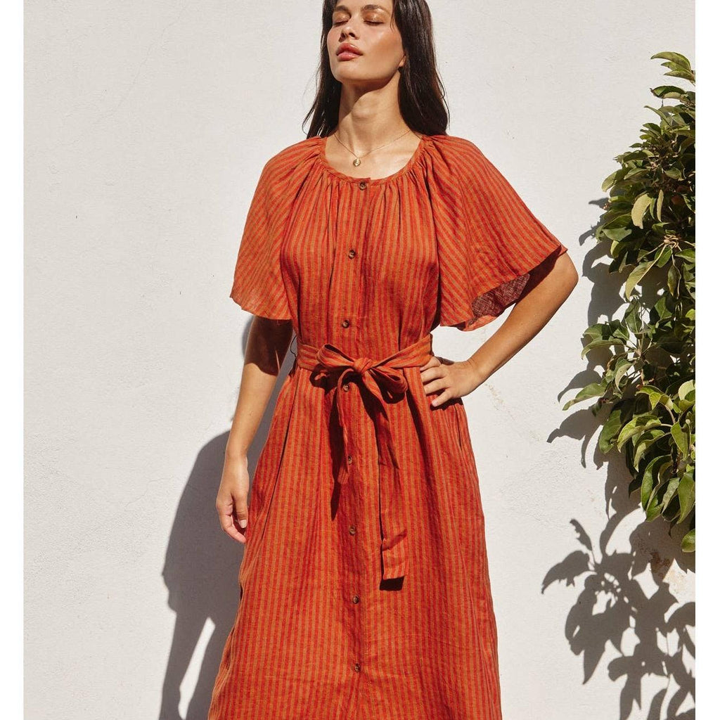 Striped Linen Gathered Neck Button Down Dress