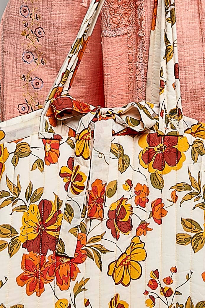Ribbon-Tie Quilted Floral Jumbo Tote Bag