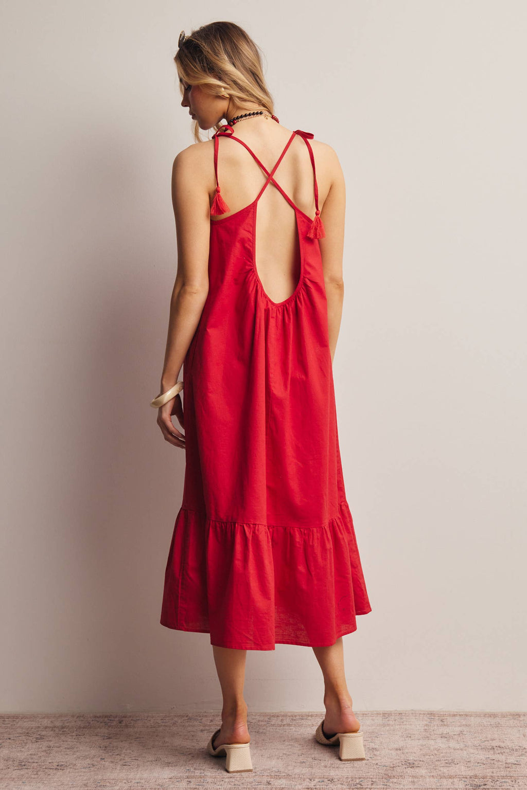 Red Tassel Strap Open-Back Midi Dress