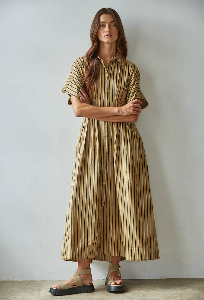 Summer Striped Collar Button-Down Flare Dress