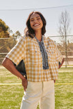 Plaid Contrast Denim Round Neck Zipper Front Top