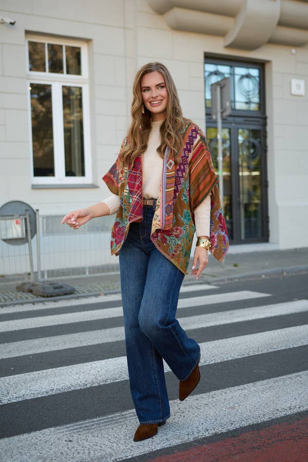 Thalia Floral Geometric Short Open Poncho