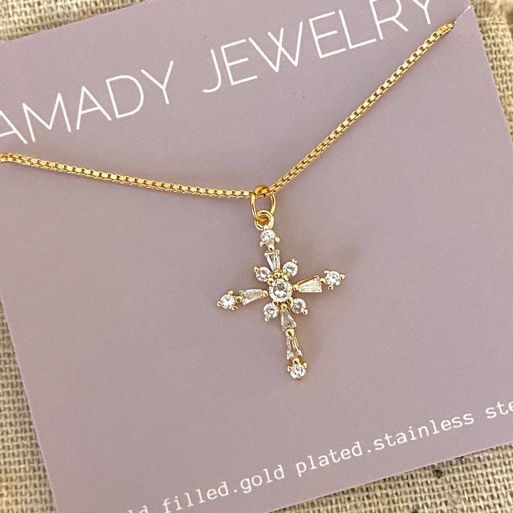 Cross Charm Pendant Glass Gold Plated 18k Gold Filled Chain