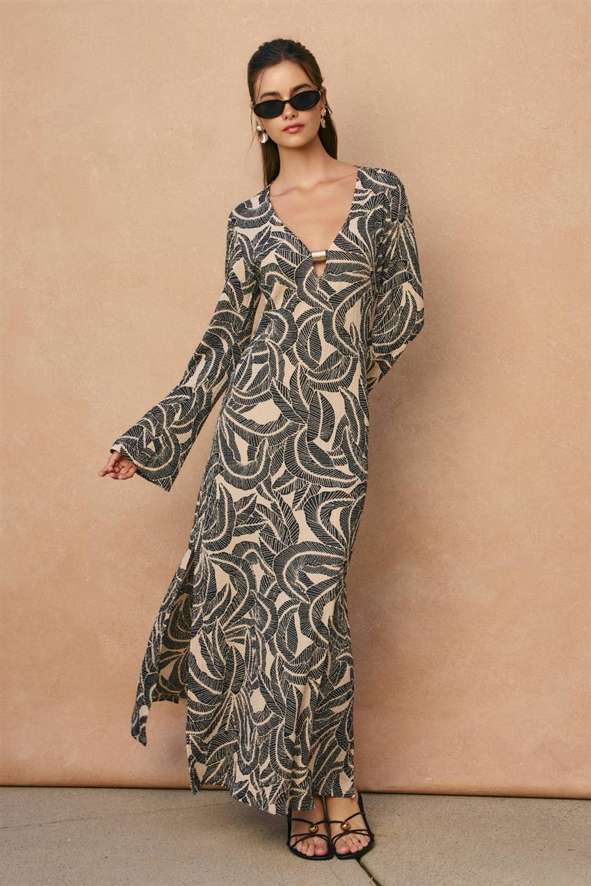 Tropical Leaf Gold Trim Bell Sleeve Maxi Dress