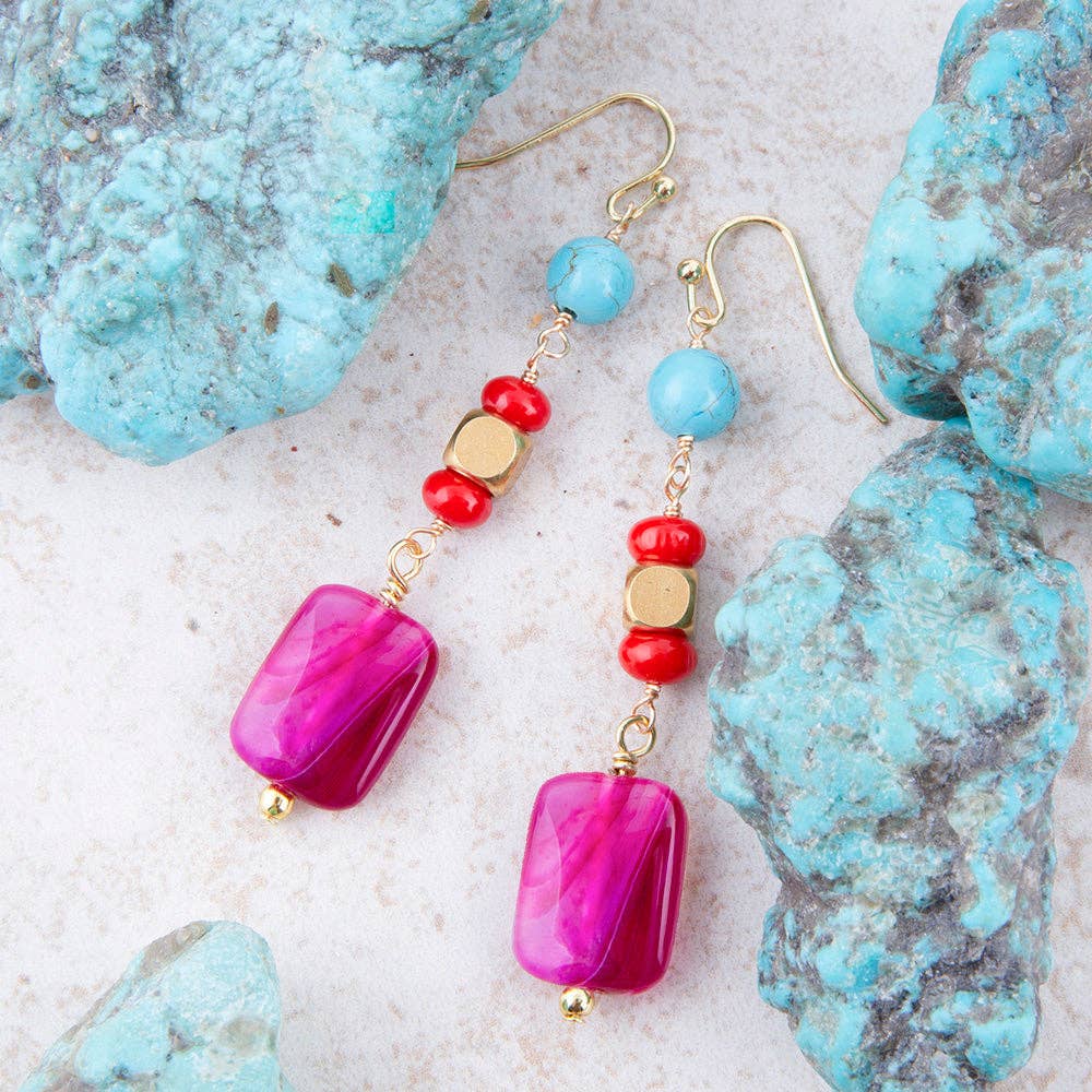 Guadalupe Pink Agate Golden Drop Earrings