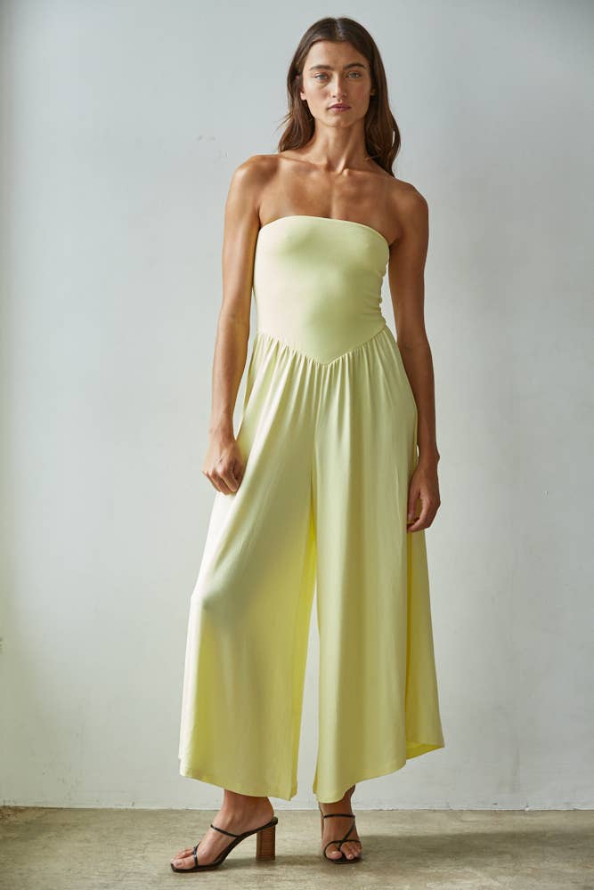 Knit Polyester Spandex Tube Strapless Flare Jumpsuit