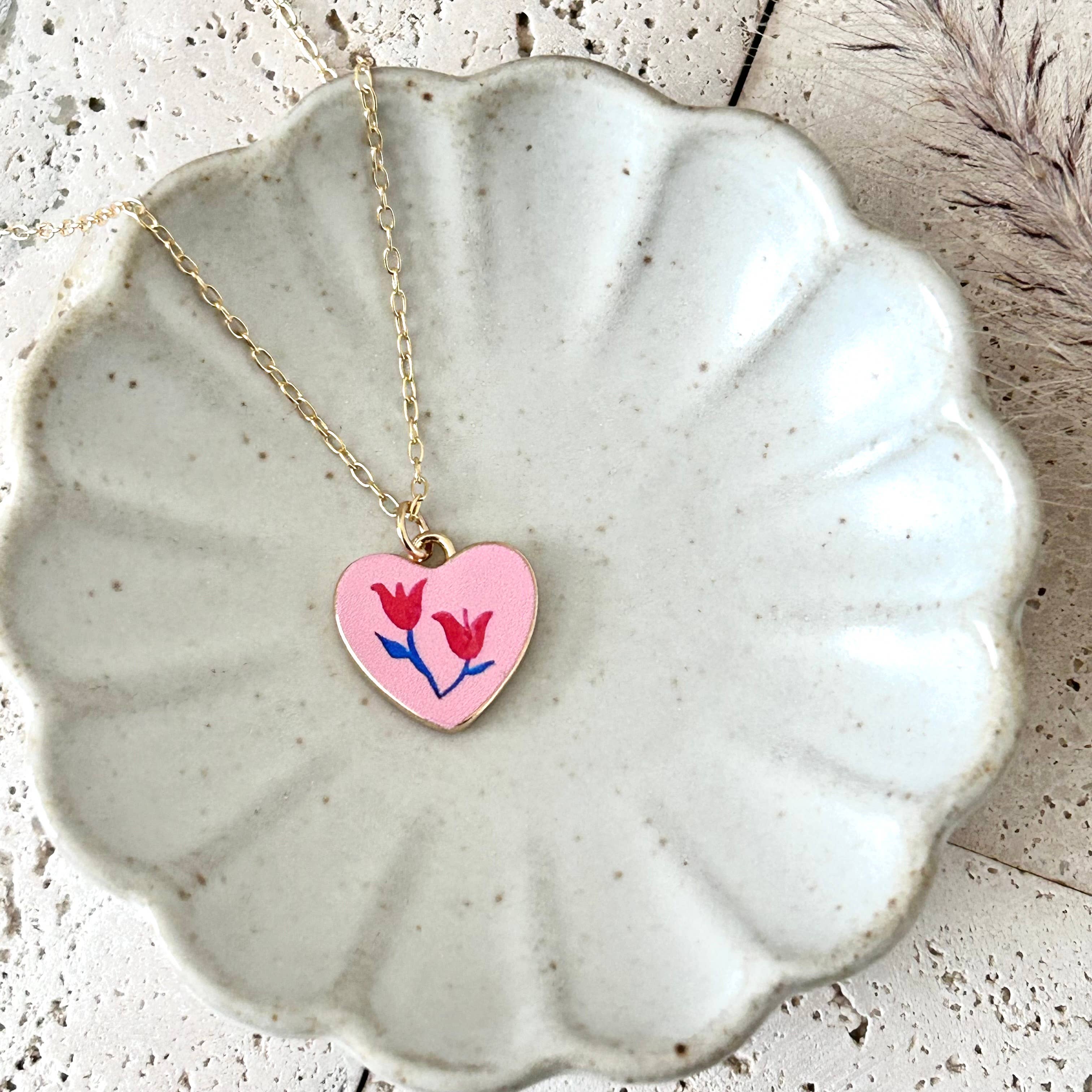 Flowers Heart shape pendant necklace 18k gold filled
