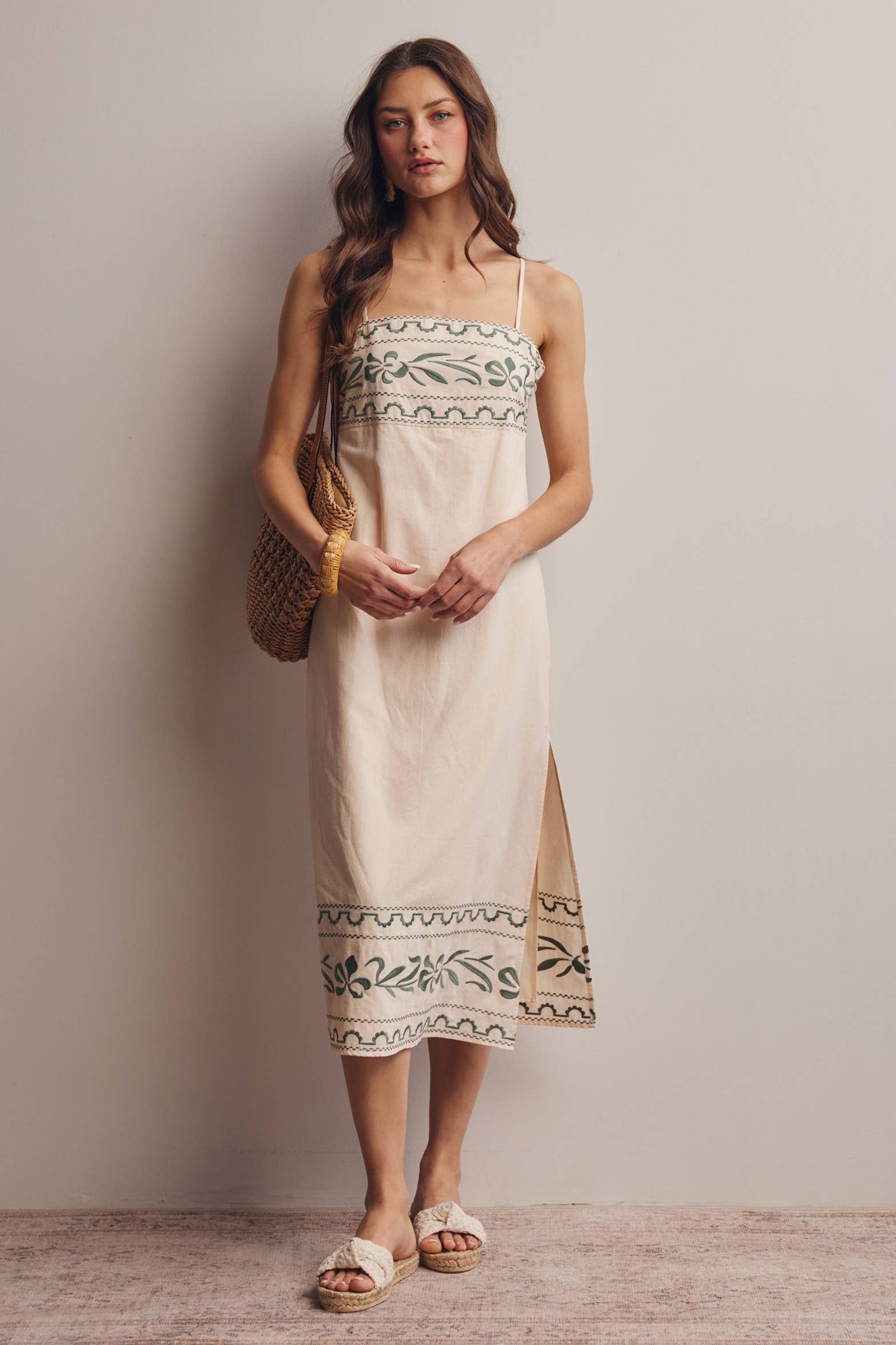 Embroidered Straight-Neck Cotton Midi Dress