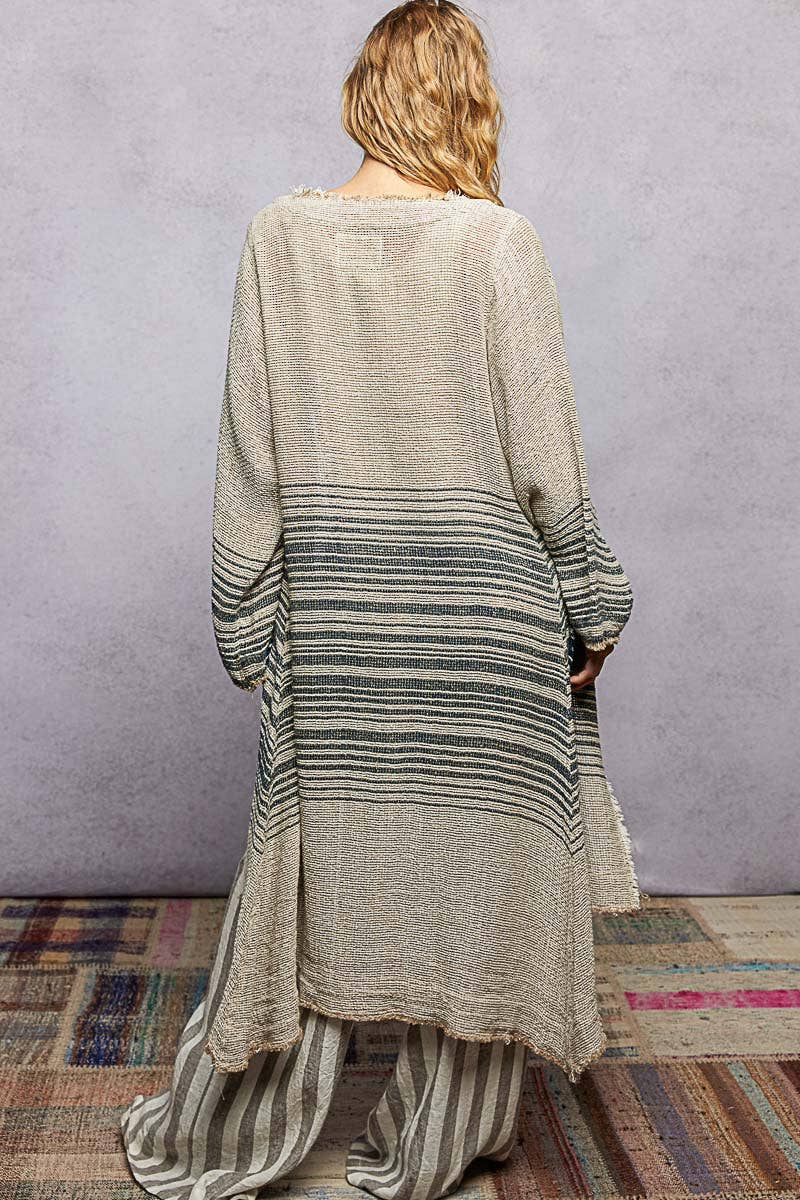 V-Neck Solid Stripe Linen Long Sleeve Cardigan