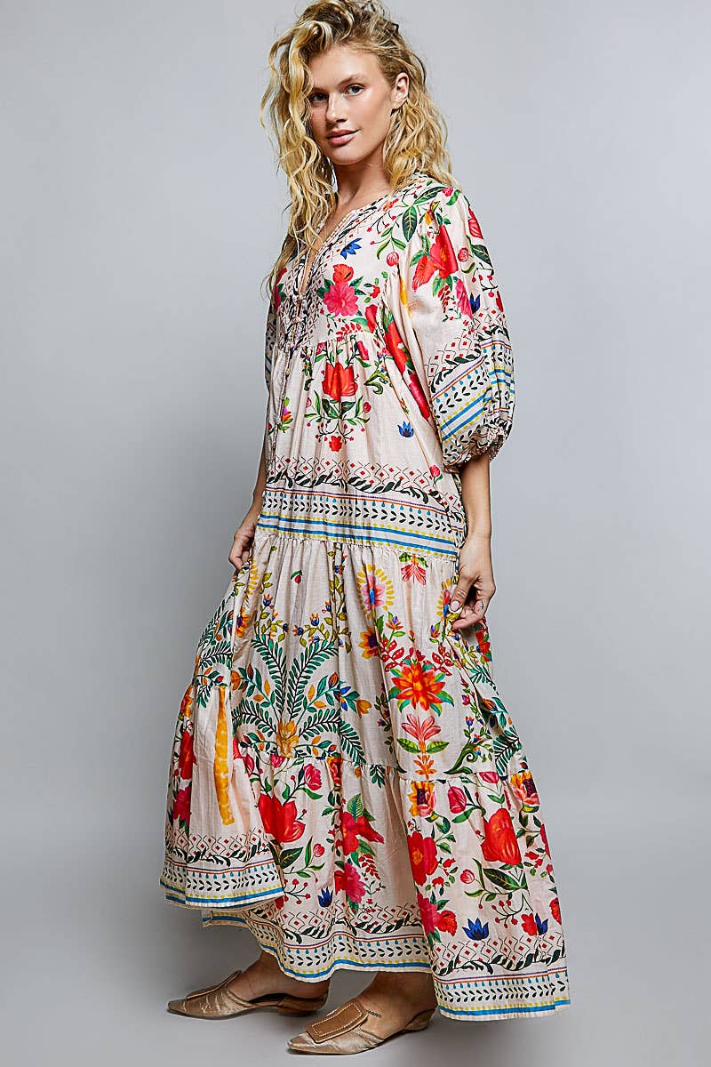 Boho Deep V-Neck Floral Balloon Sleeve Long Dress