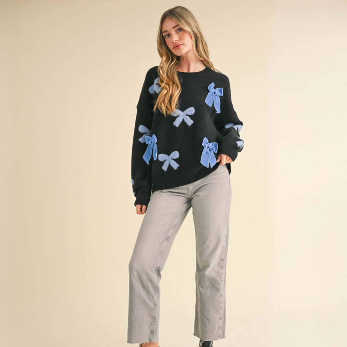 Navy Velvet Bow Sweater