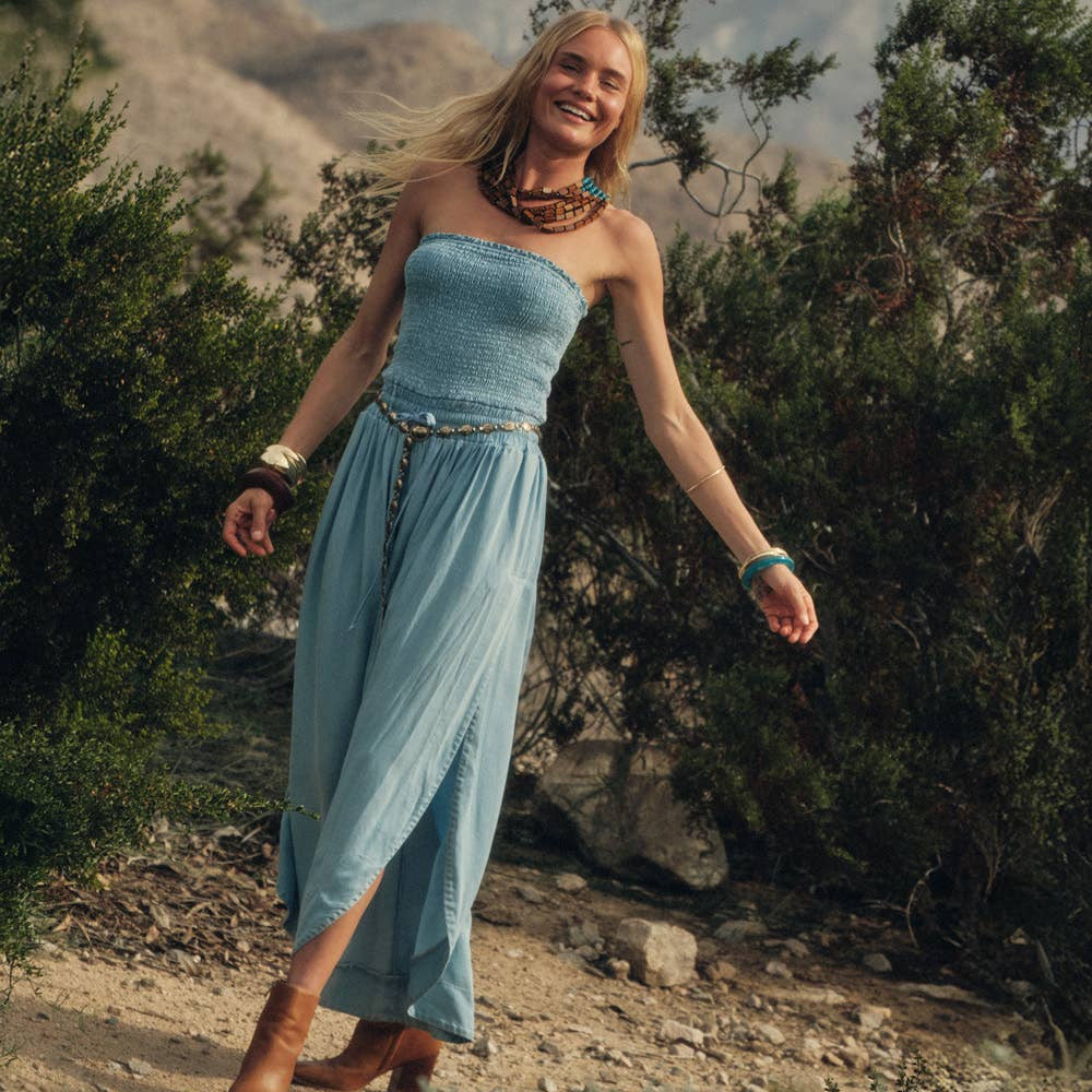 Tencel Denim Smocked Strapless Tulip-Leg Pocket Jumpsuit