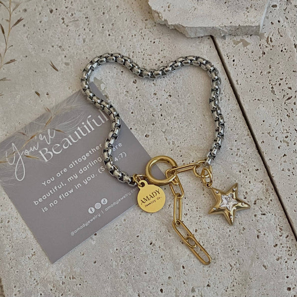 Star charm two tone silver and gold ombré pendant bracelet
